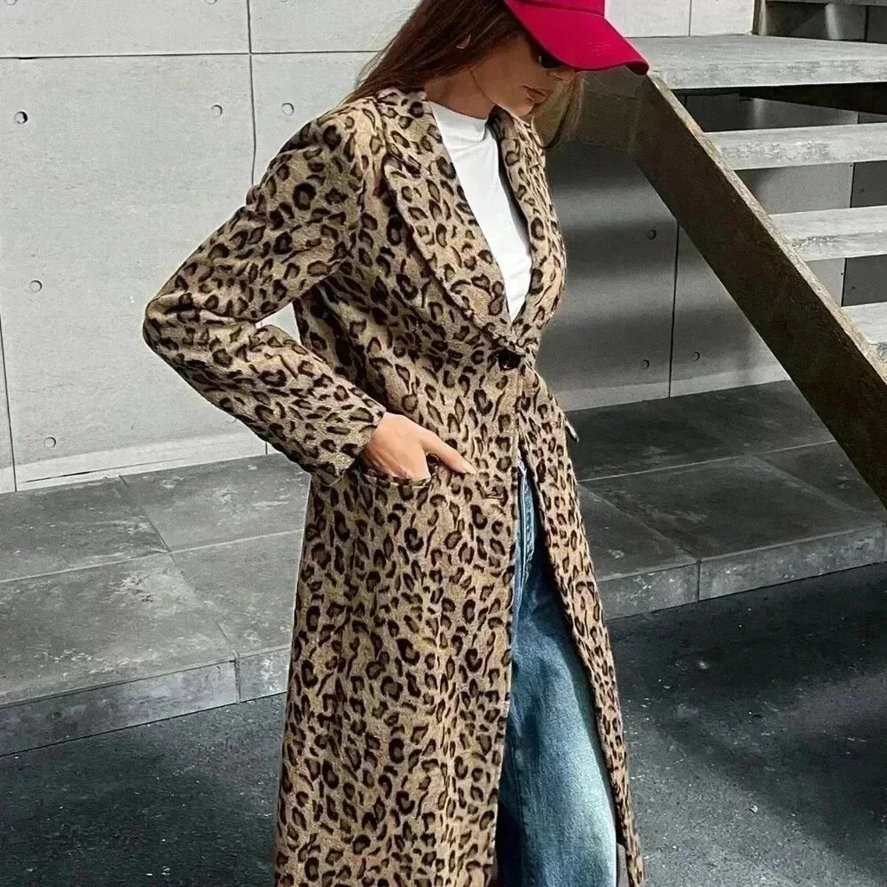 Multicolor Casual Women's Leopard Print Knitted Cinched Waist Stand Collar Coat - Picture 7 of 7